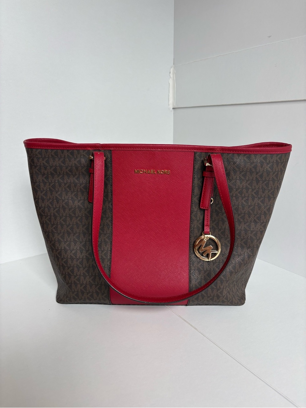 Michael Kors Brown Logo Tote with Red Center Panel